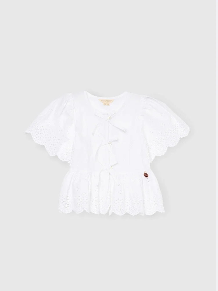 White - Angel & Rocket Ria blouse with eyelet embroidery, tie front and peplum