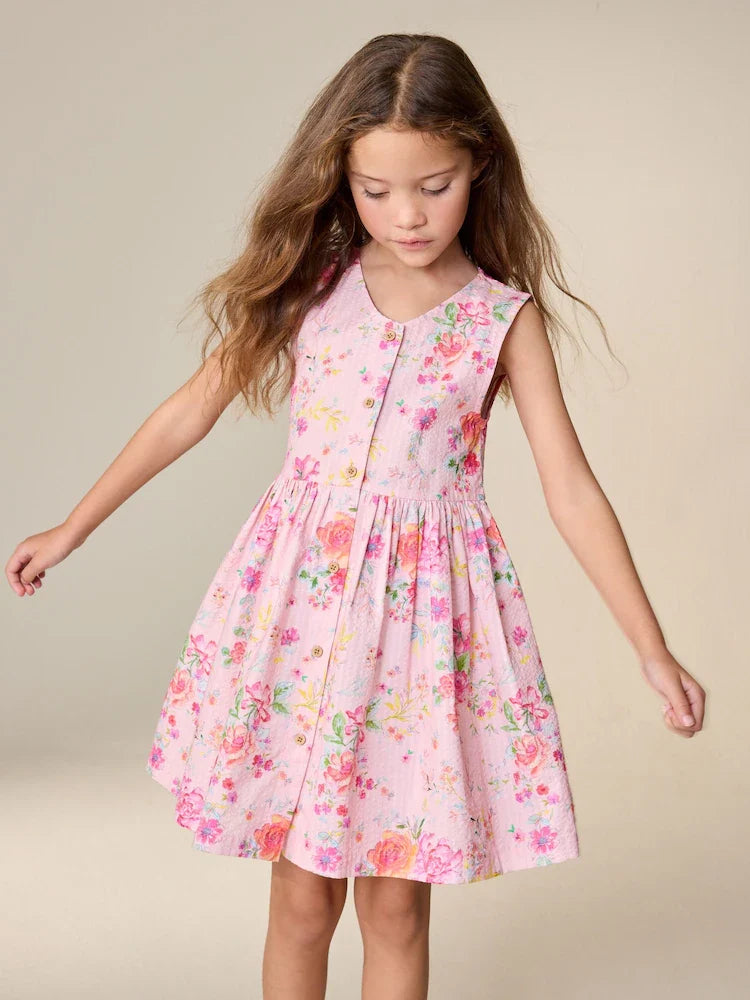 Rosa geblümt - Streifen-Kurzarm-Kleid mit Knopfleiste (3bis16Jahre)