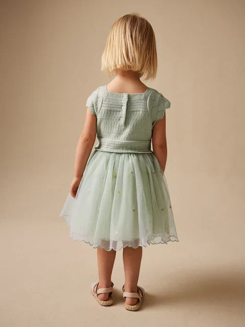 Sage green - Party dress made of crochet lace & tulle with floral pattern