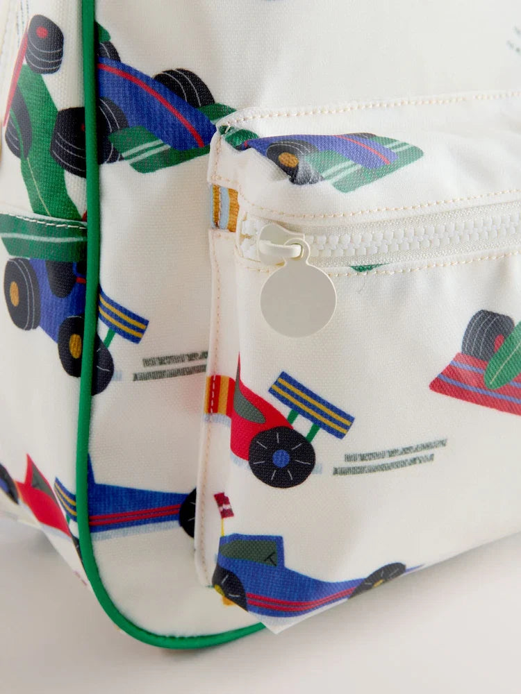 Ecru and white clothing with an all-over car print - backpacks